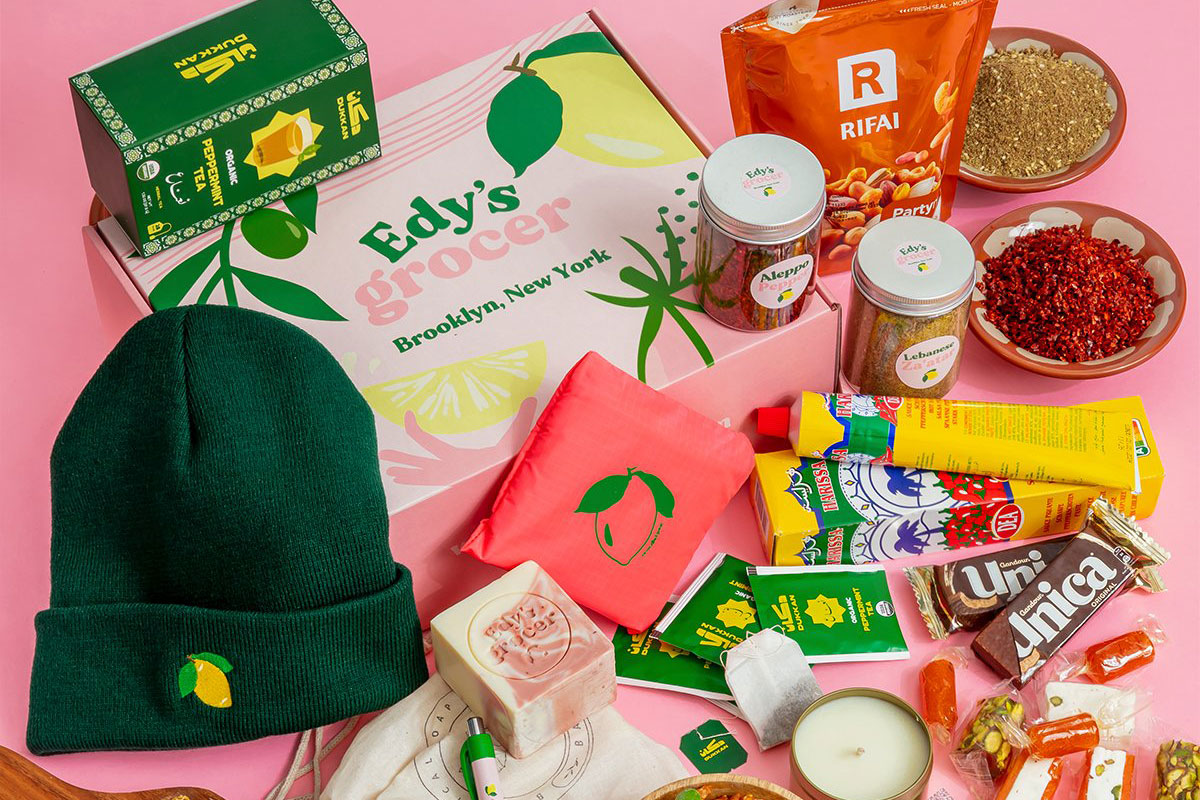edy's grocer gift box contents against a pink background